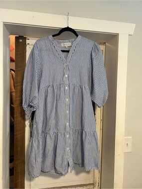 Striped Blue & White Button-Front Tiered Dress. Angel Maternity. Medium